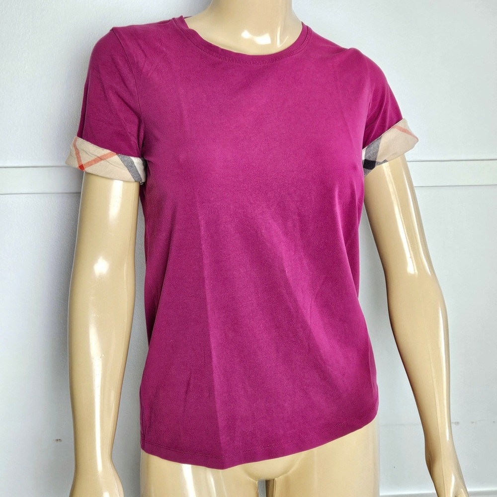Burberry Magenta Purple Check Cuff Short Sleeve T-Shirt Womens Large